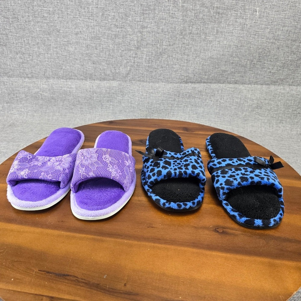 Womens Slippers Bundle 2 Pairs Purple Lace Blue Leopard Print Slides Medium 7-8
